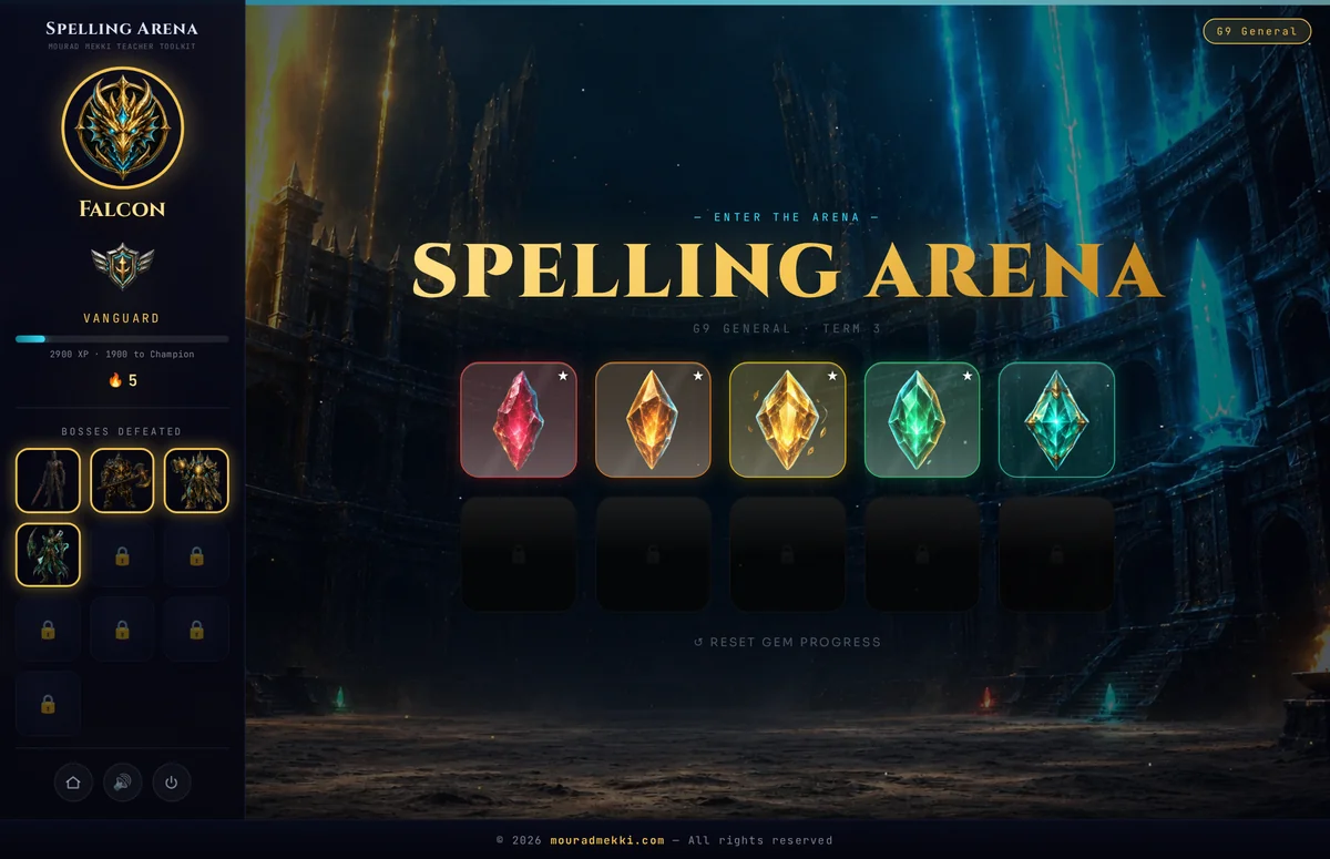 Spelling Arena gameplay with champion rail, gem campaign and coliseum backdrop