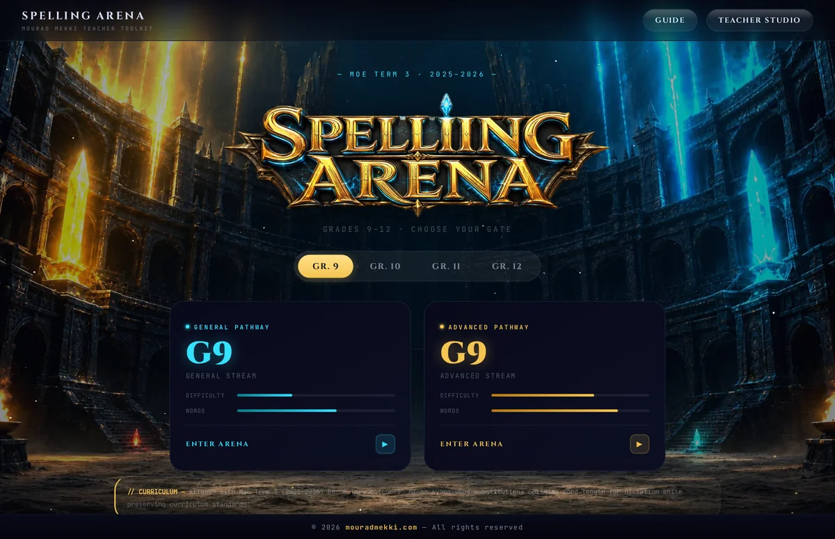 Spelling Arena hub with grade pathways